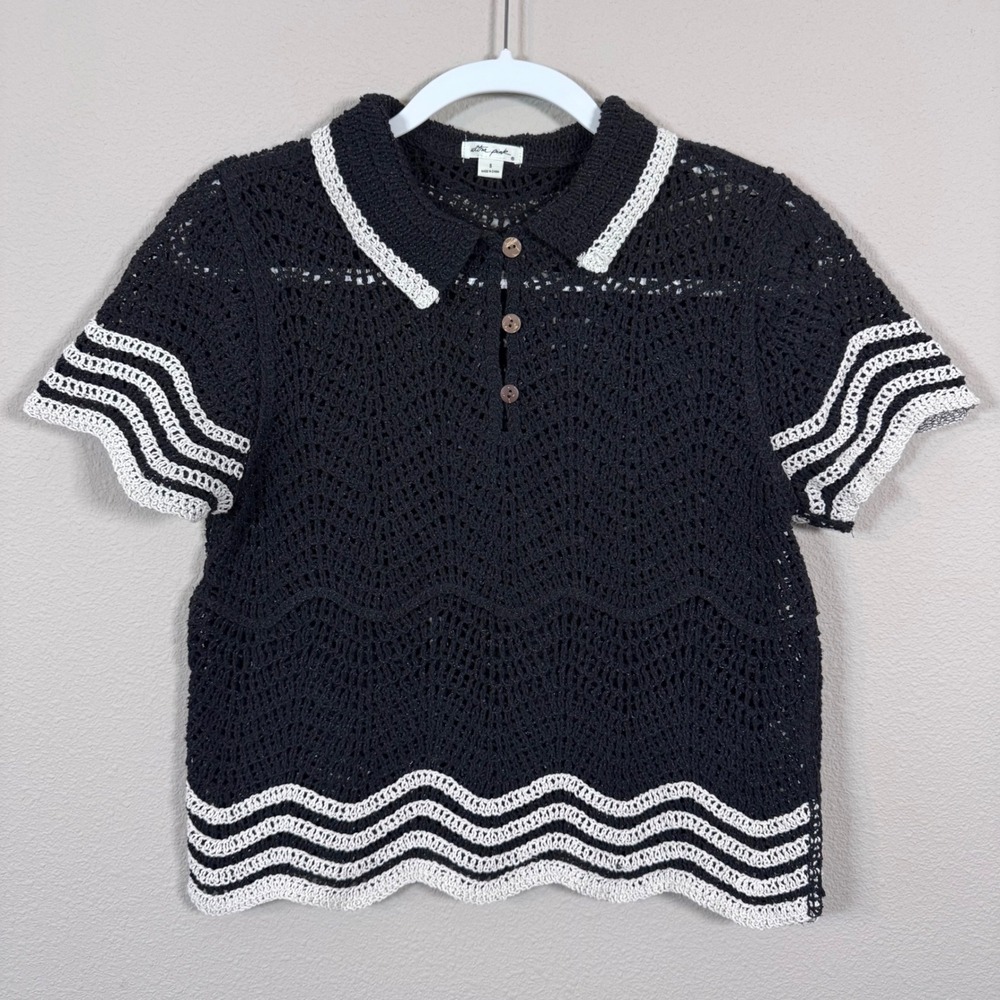 Crochet Knit Polo Short Sleeve Sweater Top Preppy Coastal Boho Cottage Women's S